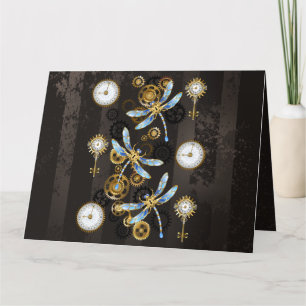 Steampunk Dragonflies on brown striped background Thank You Card
