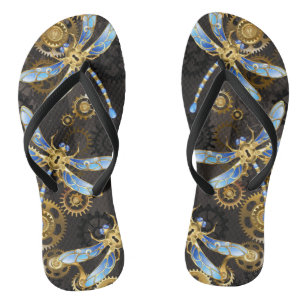 Steampunk Dragonflies on brown striped background Thongs