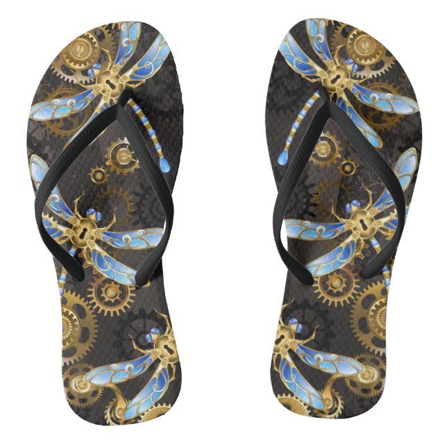 Steampunk Dragonflies on brown striped background Thongs (Footbed)