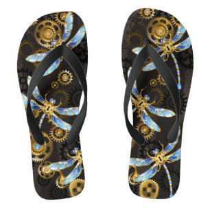 Steampunk Dragonflies on brown striped background Thongs
