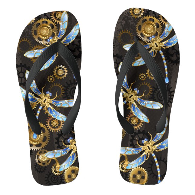 Steampunk Dragonflies on brown striped background Thongs (Footbed)