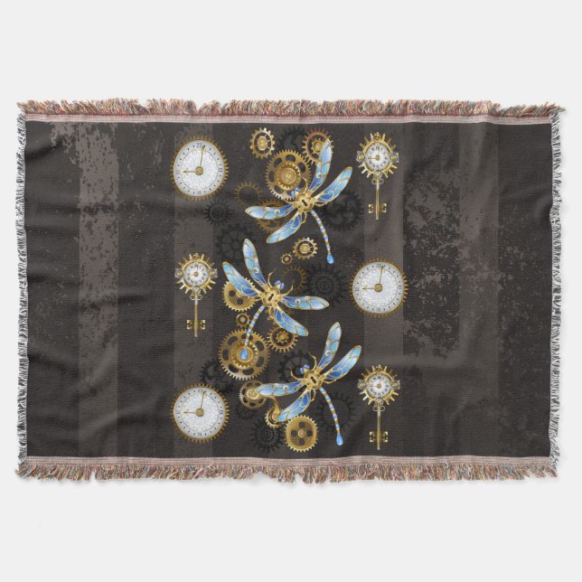 Steampunk Dragonflies on brown striped background Throw Blanket (Front)