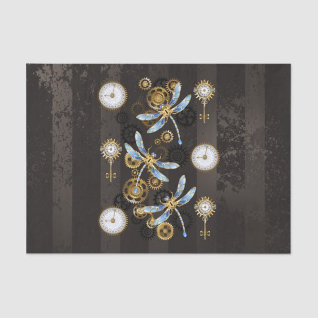 Steampunk Dragonflies on brown striped background Tissue Paper (Front)