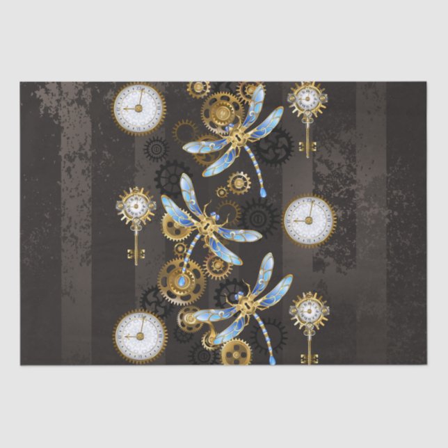 Steampunk Dragonflies on brown striped background Tissue Paper (Front)