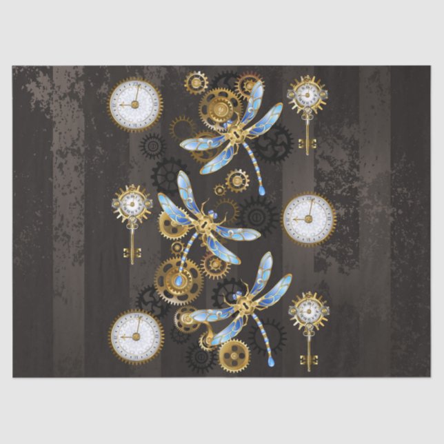 Steampunk Dragonflies on brown striped background Tissue Paper (Front)