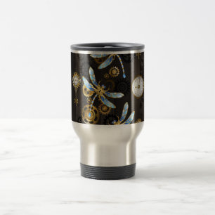 Steampunk Dragonflies on brown striped background Travel Mug