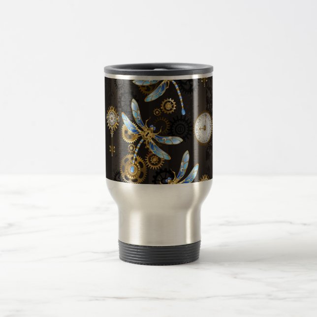 Steampunk Dragonflies on brown striped background Travel Mug (Center)