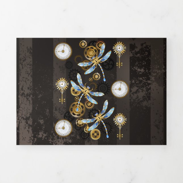Steampunk Dragonflies on brown striped background Tri-Fold Card (Cover)