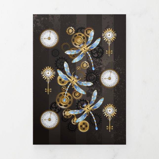 Steampunk Dragonflies on brown striped background Tri-Fold Holiday Card (Cover)