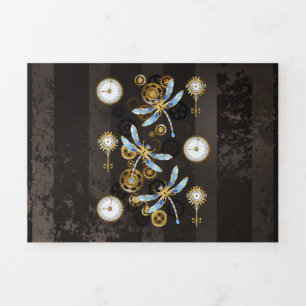 Steampunk Dragonflies on brown striped background Tri-Fold Programme