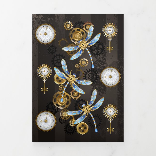 Steampunk Dragonflies on brown striped background Tri-Fold Programme (Cover)
