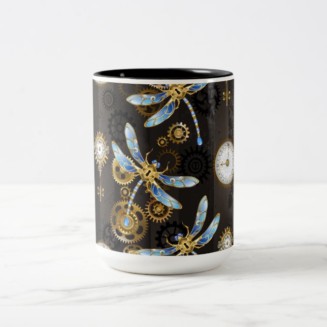 Steampunk Dragonflies on brown striped background Two-Tone Coffee Mug (Center)