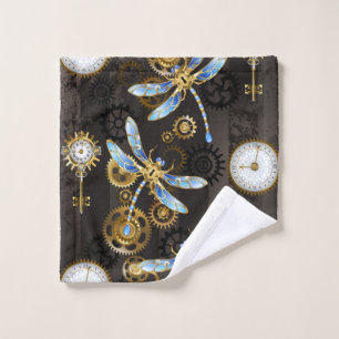 Steampunk Dragonflies on brown striped background Wash Cloth