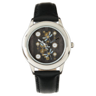 Steampunk Dragonflies on brown striped background Watch