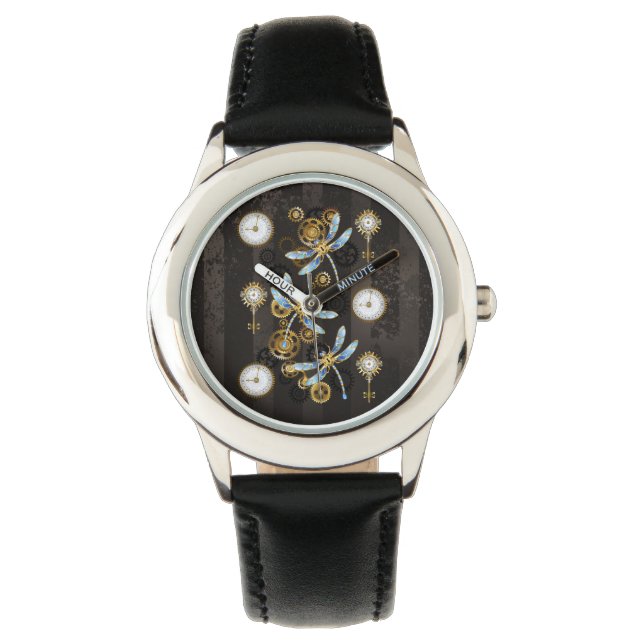 Steampunk Dragonflies on brown striped background Watch (Front)