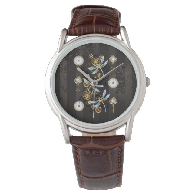 Steampunk Dragonflies on brown striped background Watch (Front)