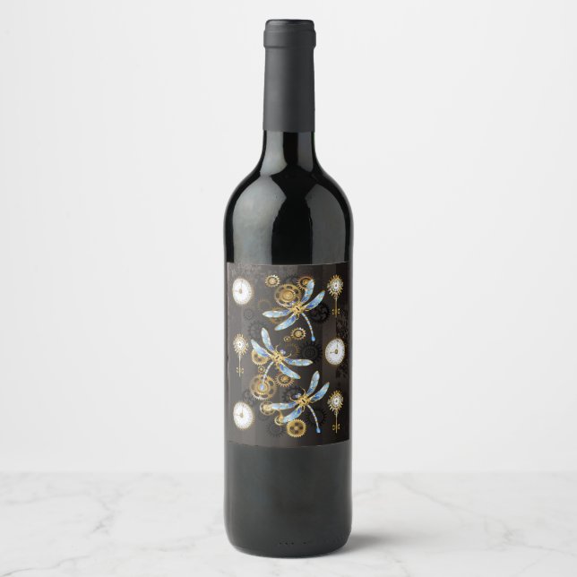 Steampunk Dragonflies on brown striped background Wine Label (Front)