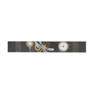 Steampunk Dragonflies on brown striped background Wraparound Address Label