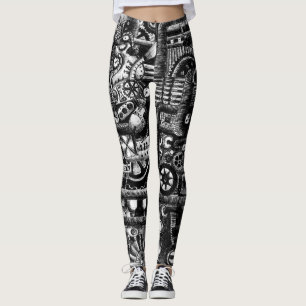steampunk draw machinery cartoon mechanism pattern leggings