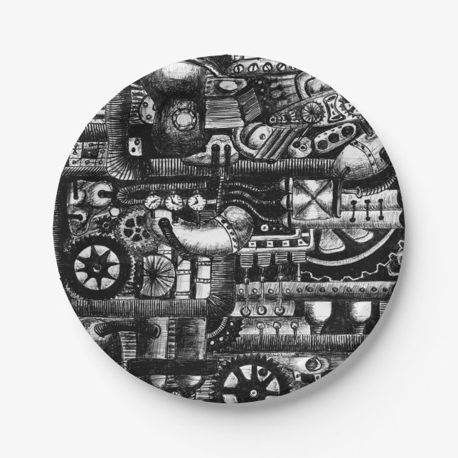 steampunk draw machinery cartoon mechanism pattern paper plate (Front)