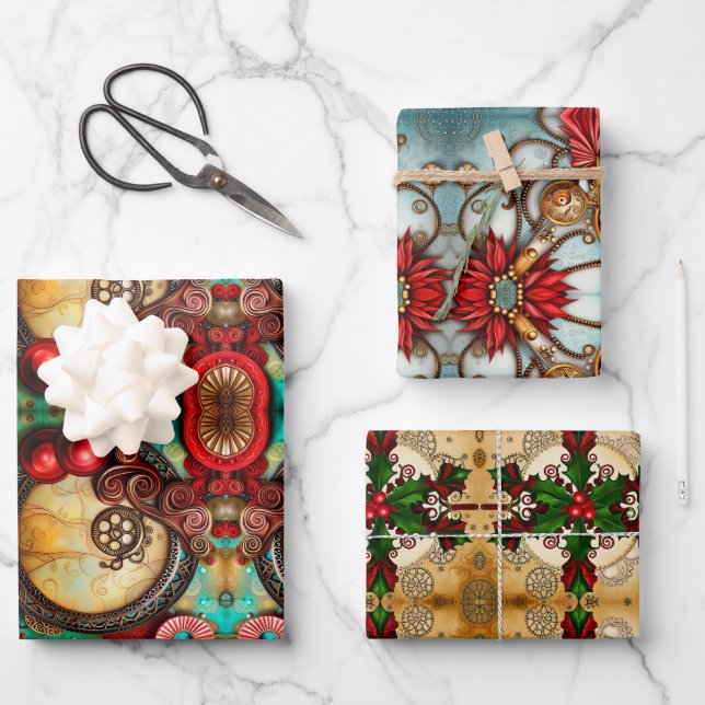 Steampunk Dreams with Holly Wrapping Paper Sheet (Front)