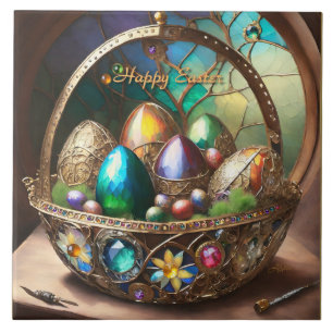 Steampunk Easter Basket Filled With Colourful Eggs Ceramic Tile
