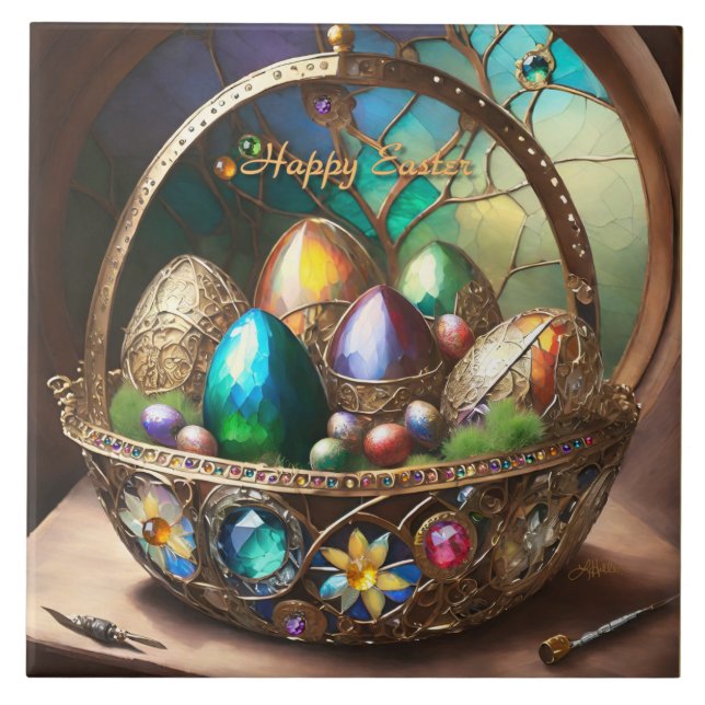 Steampunk Easter Basket Filled With Colourful Eggs Ceramic Tile (Front)