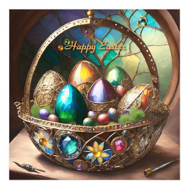 Steampunk Easter Basket Filled With Colourful Eggs Photo Print (Front)