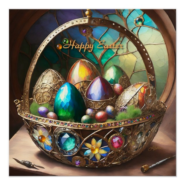 Steampunk Easter Basket Filled With Colourful Eggs Poster (Front)
