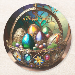 Steampunk Easter Basket Filled With Colourful Eggs Round Paper Coaster