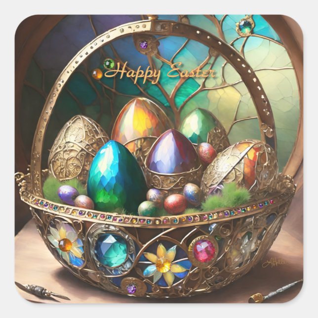 Steampunk Easter Basket Filled With Colourful Eggs Square Sticker (Front)