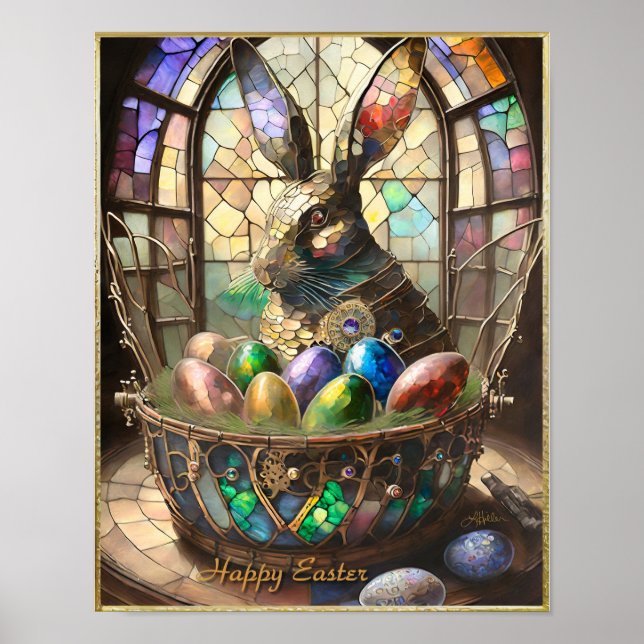 Steampunk Easter Bunny and Colourful Eggs in Baske Poster (Front)