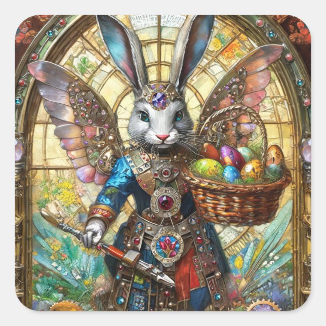 Steampunk Easter Bunny Warrior Angel Square Sticker (Front)