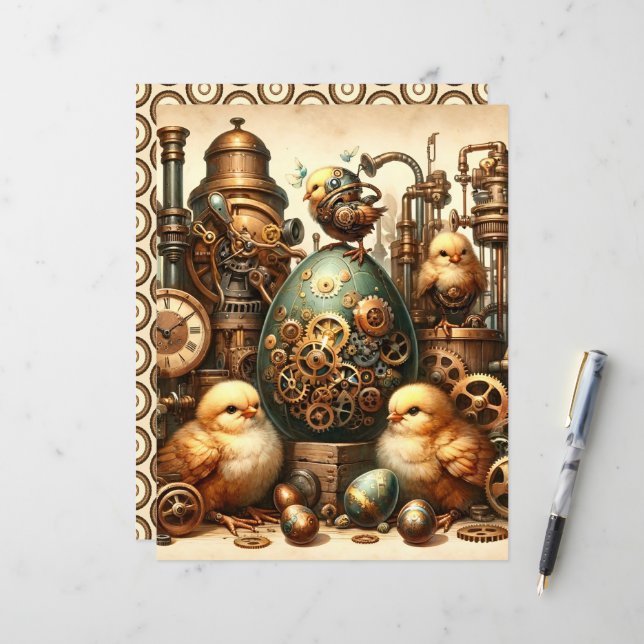 Steampunk Easter Ephemera Scrapbook Paper (Front/Back In Situ)