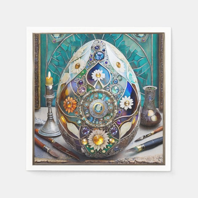 Steampunk Easter Ornate Blue Egg Napkin (Front)