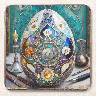 Steampunk Easter Ornate Blue Egg Square Paper Coaster