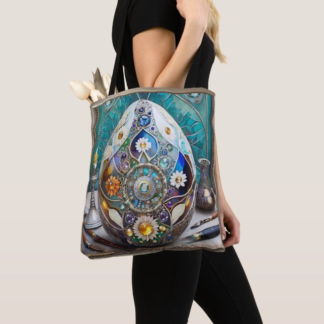 Steampunk Easter Ornate Blue Egg Tote Bag (Close Up)
