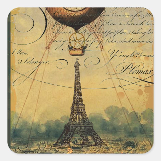 Steampunk Eiffel Tower & Hot Air Balloon Square Sticker (Front)