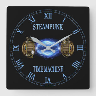Steampunk ~ Electronic Blue Wave ~ Time Machine ~  Square Wall Clock