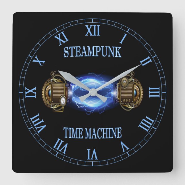Steampunk ~ Electronic Blue Wave ~ Time Machine ~  Square Wall Clock (Front)