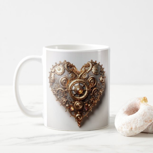 Steampunk Elegant Clockwork Gear Heart Coffee Mug (With Donut)