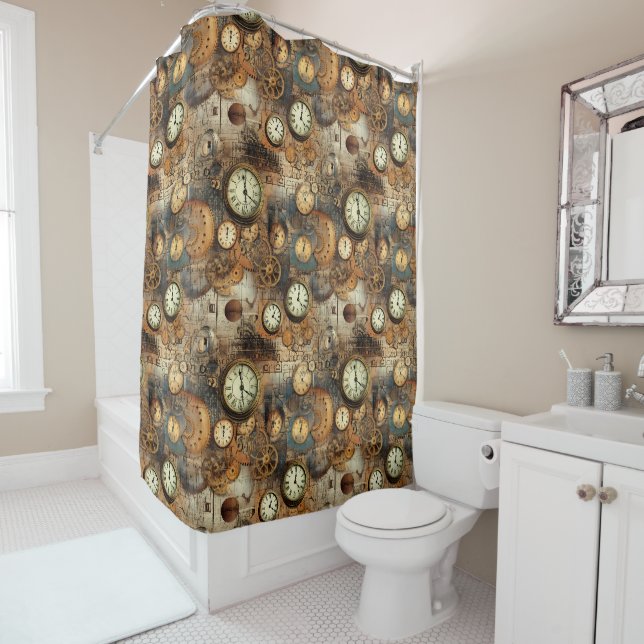 Steampunk Engineering Blueprint Brown Brass Shower Curtain (In Situ)