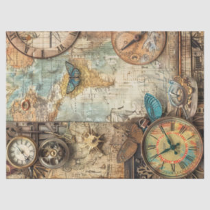 Steampunk Ephemera Clock Map Gears Decoupage Tissue Paper