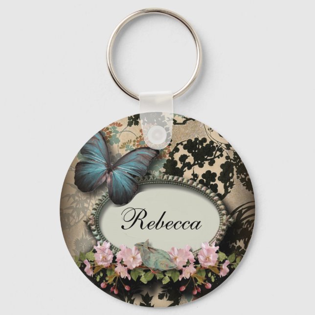steampunk Ephemera floral Butterfly victorian Key Ring (Front)