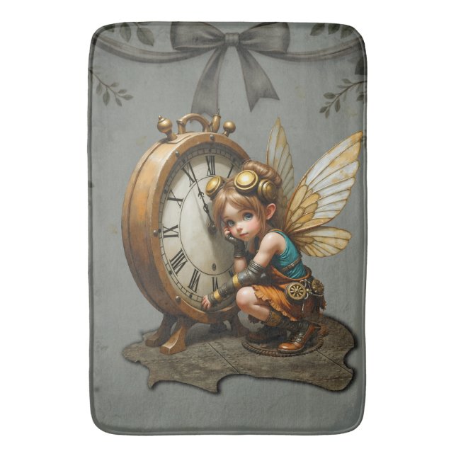 Steampunk Fairy with Golden Wings & Antique Clock  Bath Mat (Front Vertical)