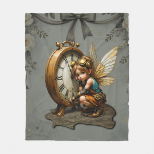 Steampunk Fairy with Golden Wings & Antique Clock Fleece Blanket