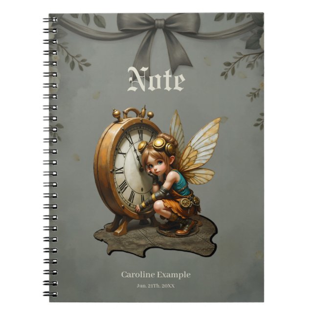 Steampunk Fairy with Golden Wings & Antique Clock  Notebook (Front)