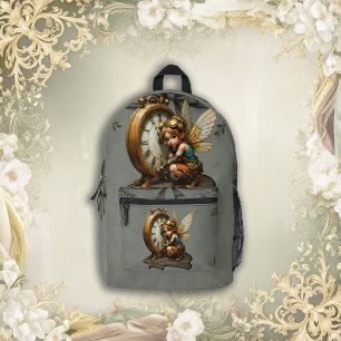 Steampunk Fairy with Golden Wings & Antique Clock Printed Backpack