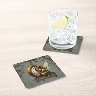 Steampunk Fairy with Golden Wings & Antique Clock  Square Paper Coaster