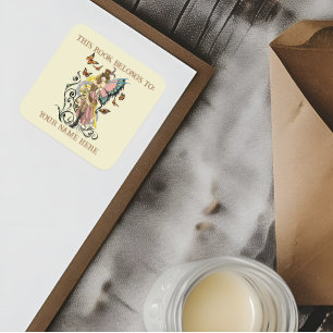 Steampunk Fairy Yellow Clock Gears Bookplate Square Sticker